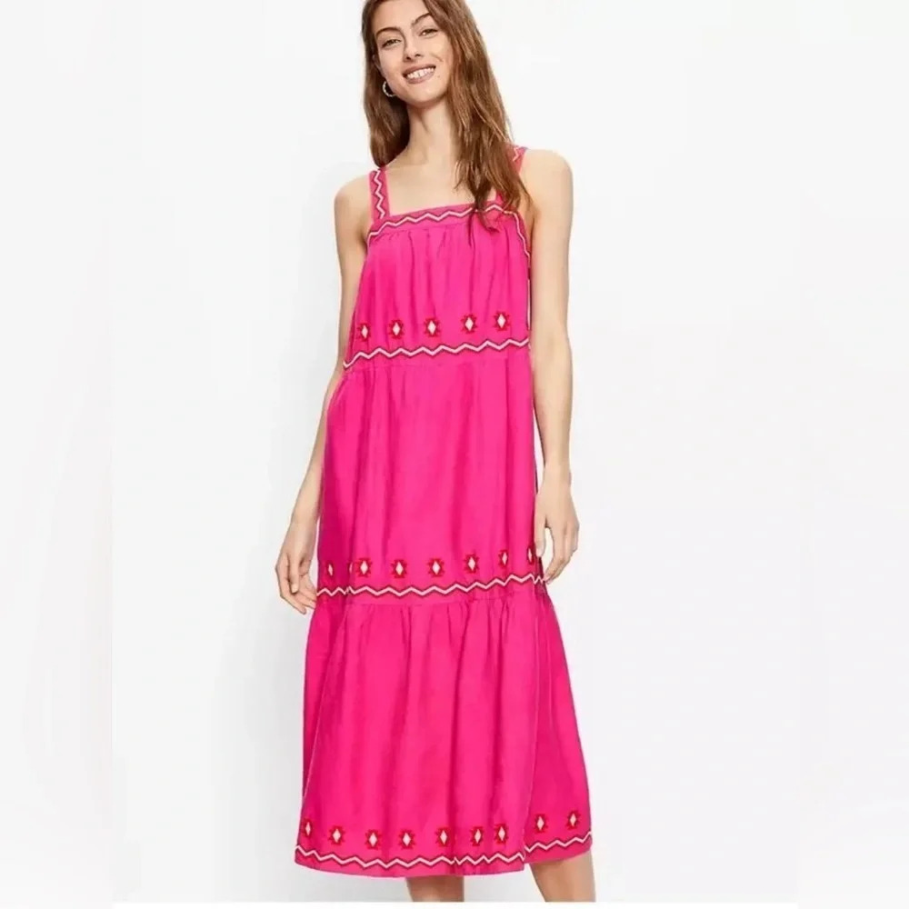 LOFT Hot‎ Pink Embroidered Linen Blend Midi Dress Square Neck Line Size Small